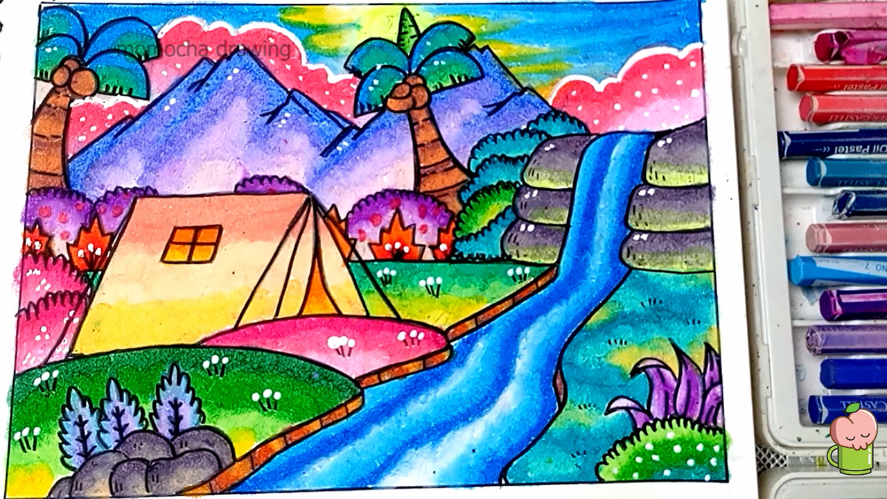 Menggambar dan mewarnai pemandangan  Air  Terjun  Momocha 