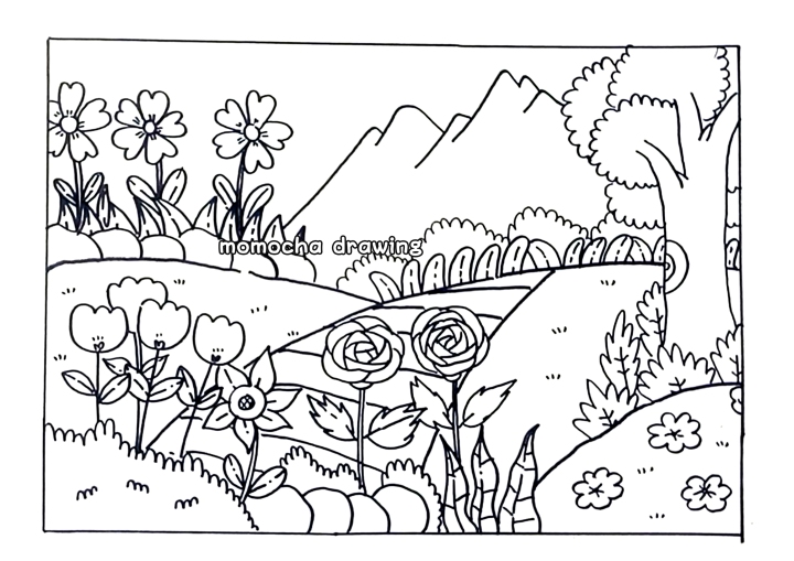 Menggambar Dan Mewarnai Pemandangan Kebun Bunga Di Tepi Gunung