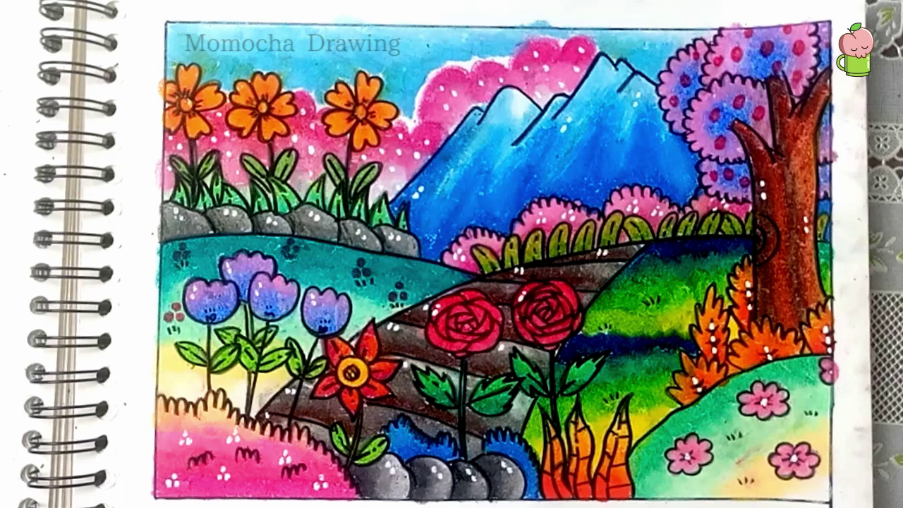 Menggambar Dan Mewarnai Pemandangan Kebun Bunga Di Tepi Gunung